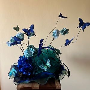 Prize winning derby hat! Blue green &black w/butterflies